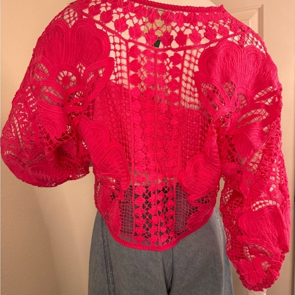 Farm Rio Boohoo Alucina Puff-Sleeve Guipure Pink Crop Top Size Small - Picture 4 of 13